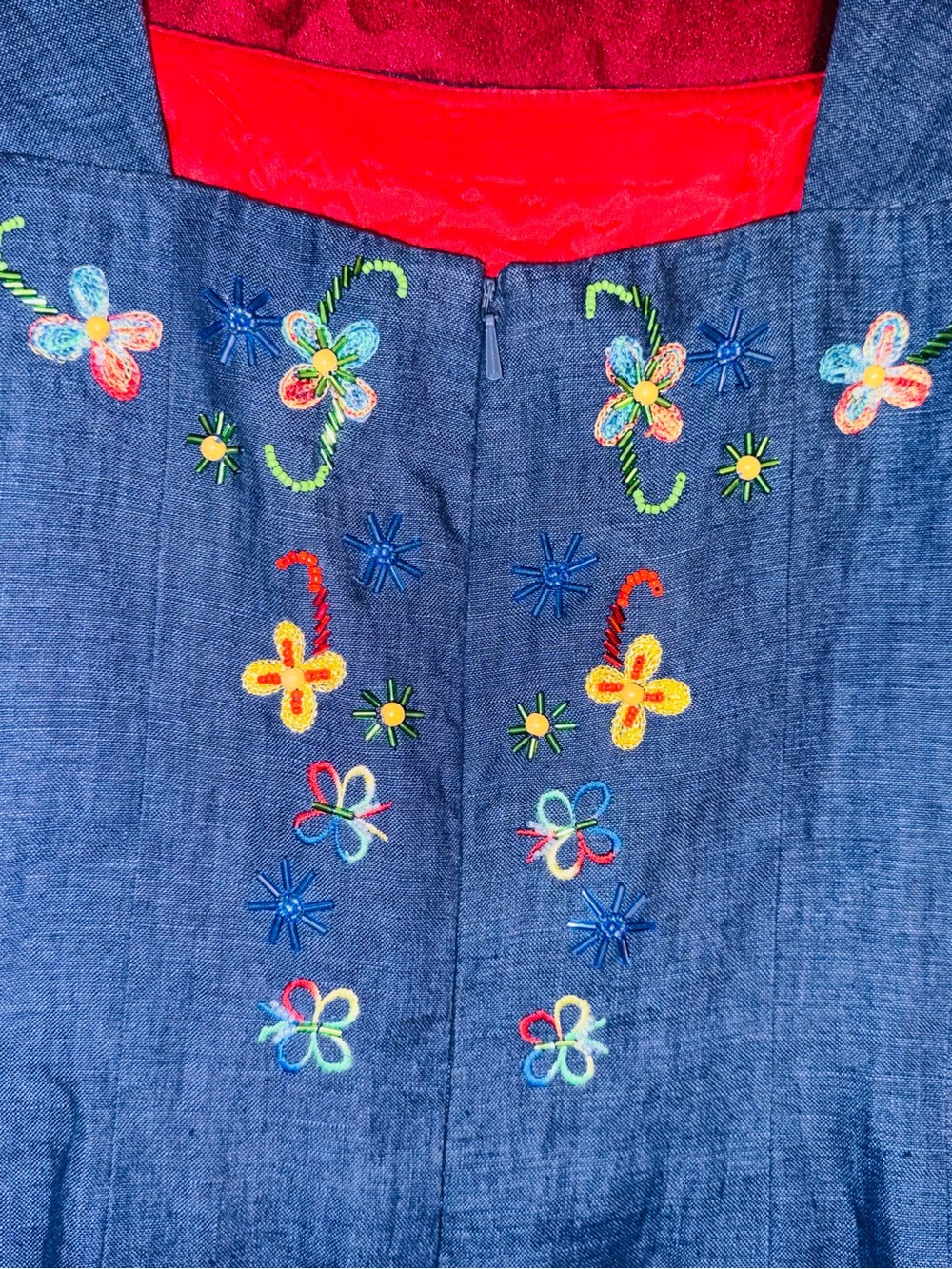 👑 Size 4 Designer Donna Morgan Navy Embroidered Denim Tank Dress - Picture 10 of 16